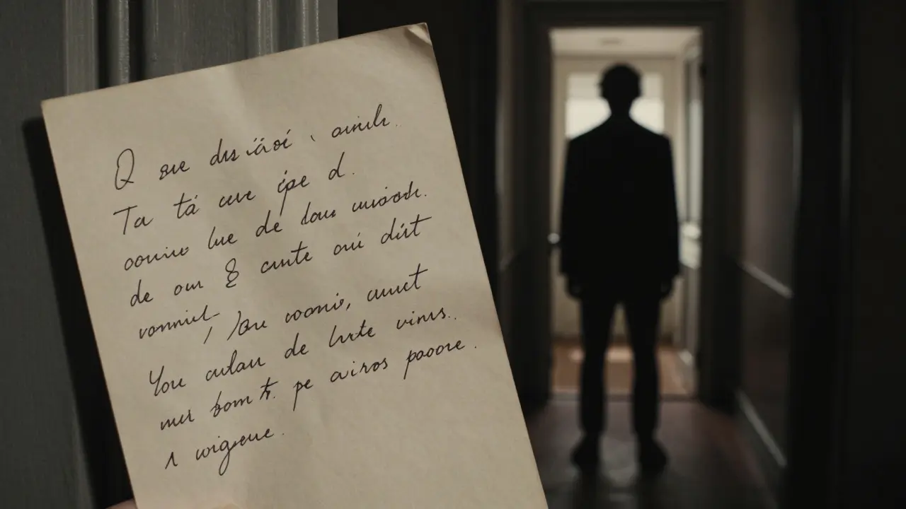 A handwritten note under a Paris apartment door, shadowy figure behind it.
