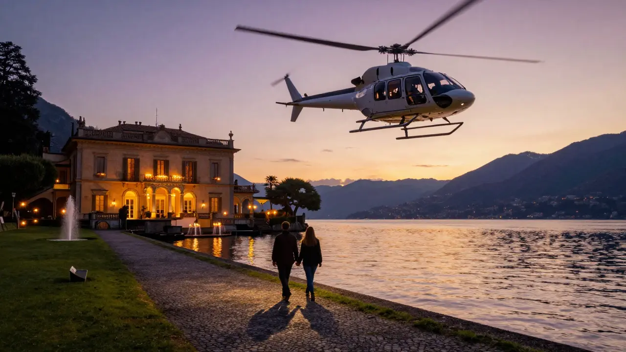 A helicopter hovers over Lake Como at dusk as a couple walks a candlelit path at a secluded villa.
