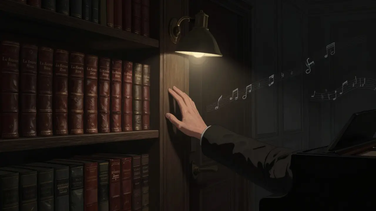 A hidden bookshelf entrance to an exclusive secret club, softly lit by a single lamp in a luxurious library.