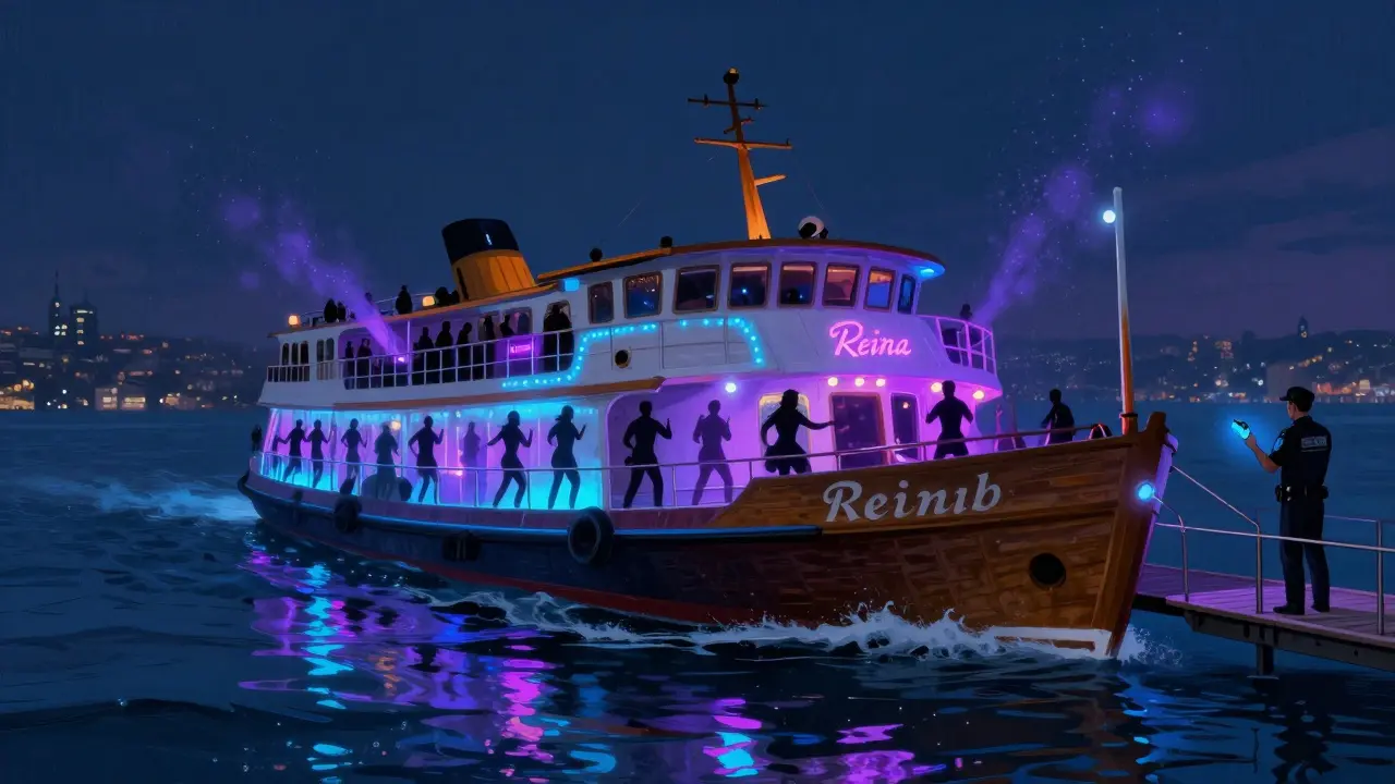 A historic ferry nightclub on the Bosphorus with glowing lights and dancers silhouetted against the water.