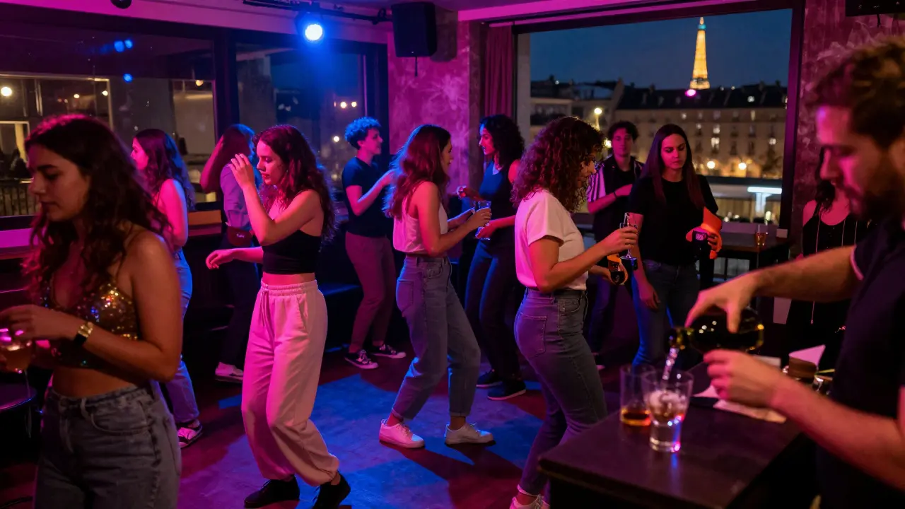 A lively lesbian nightclub dance floor with people dancing freely under neon lights in Paris.