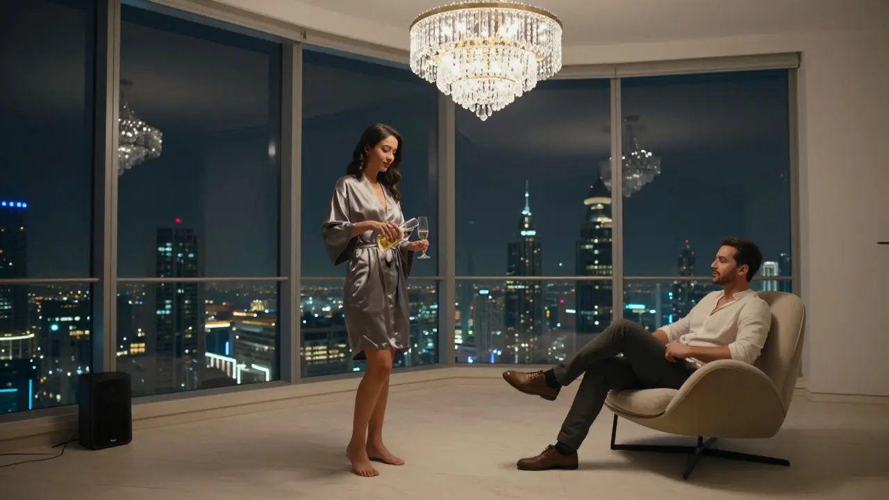 A luxurious penthouse in Downtown Dubai with a poised companion pouring champagne at night.
