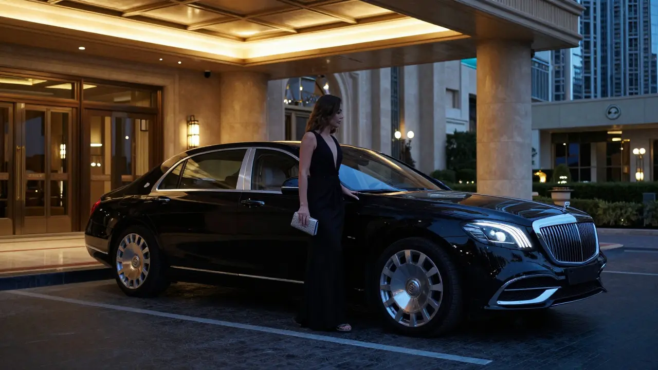 A luxury car arriving at a Dubai hotel at night, conveying discretion and elegance.