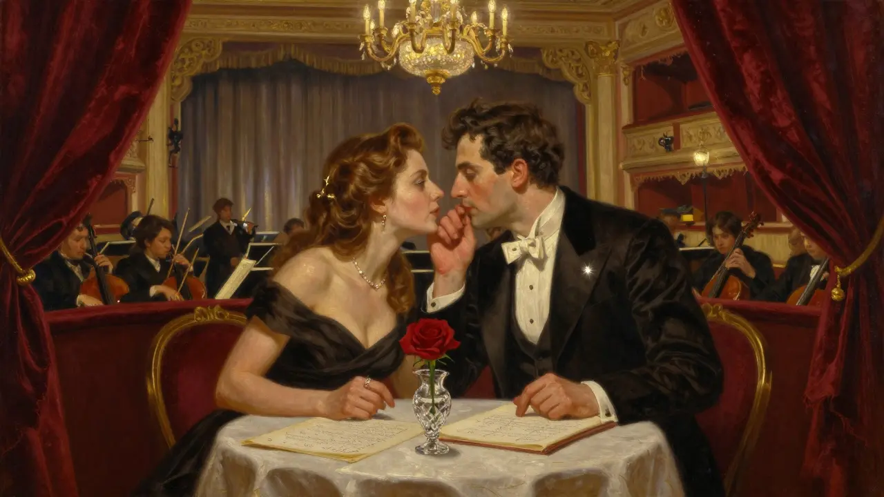 A man and woman enjoying a private dinner in a luxurious opera box as the orchestra prepares to perform.