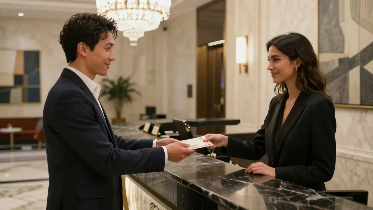 A man and woman exchanging cash in a luxurious hotel lobby, surrounded by elegant decor and discretion.