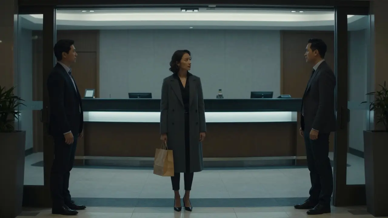 A man and woman meeting discreetly in a quiet hotel lobby at night.