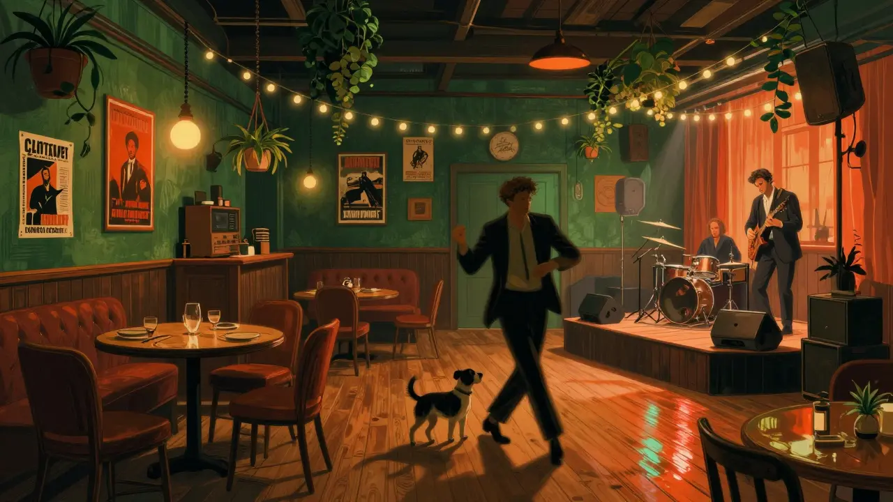 A man dancing with his dog in a lush, cluttered bar filled with vintage furniture and live music.