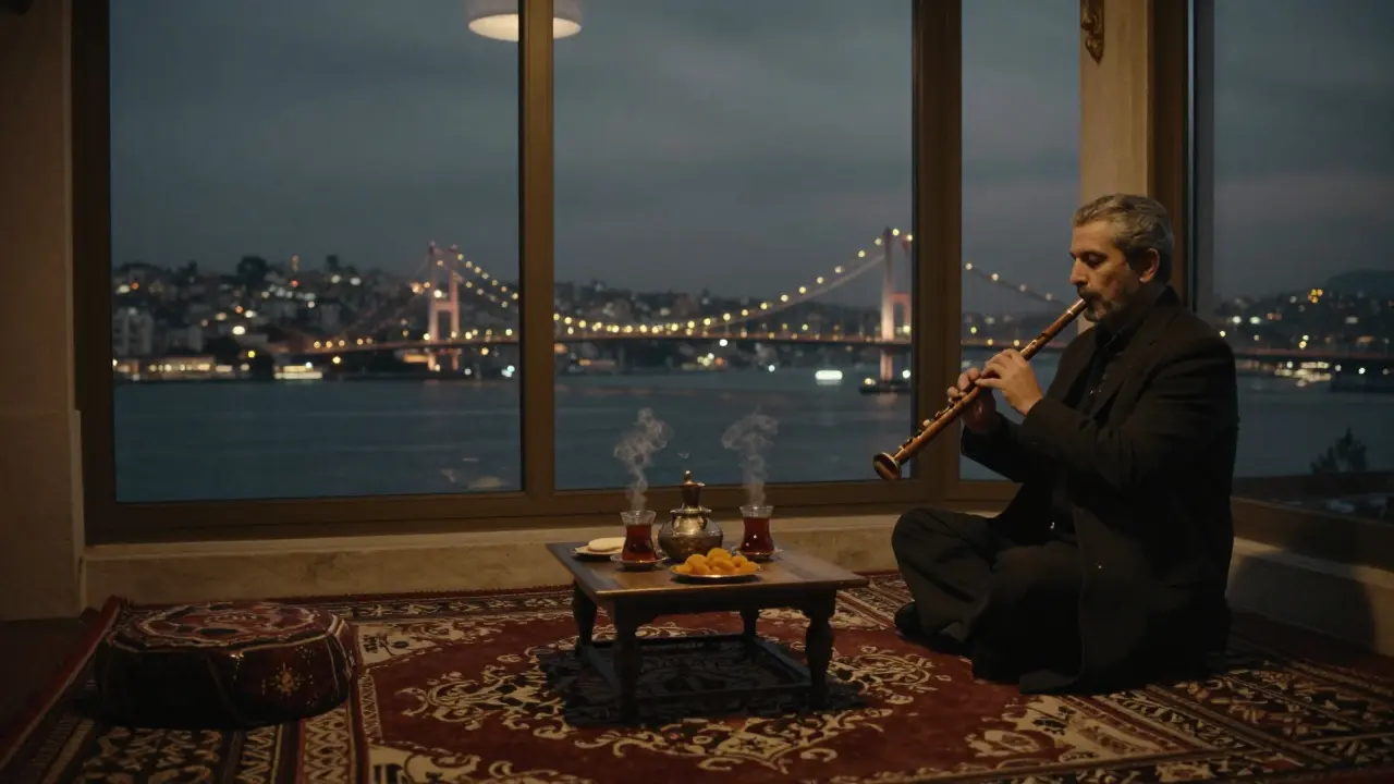 A man plays a ney flute in a historic tea house with views of the Bosphorus Bridge at night.