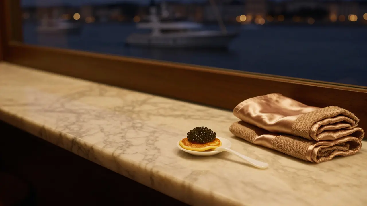 A minimalist midnight snack of caviar on a blini with a mother-of-pearl spoon, surrounded by quiet luxury.