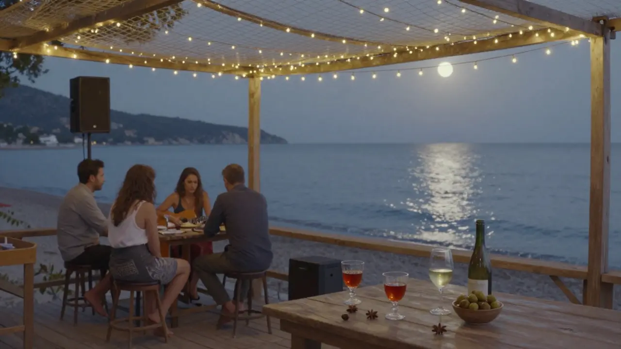 A moonlit beach bar on an island with fairy lights, waves, and glasses of raki under the stars.