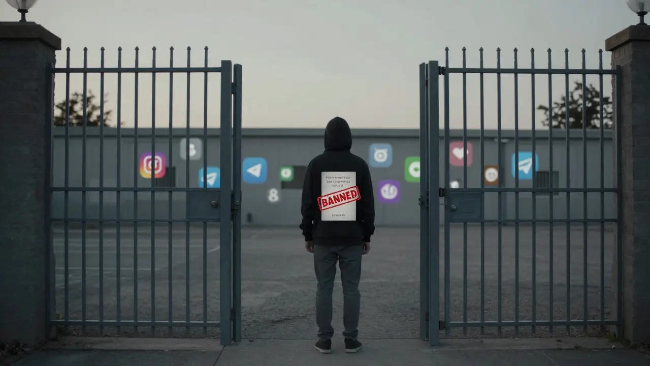 A person stands outside a detention center, holding a banned passport, with fading social media icons glowing behind them.