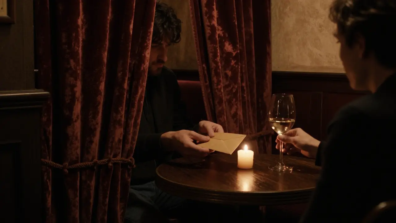 A private booth in a Paris wine bar with two figures exchanging something in shadow.