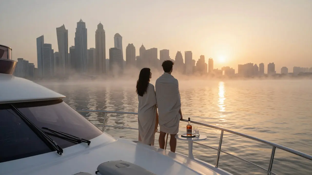 A private yacht at sunrise along Dubai Marina with two figures gazing at the horizon.