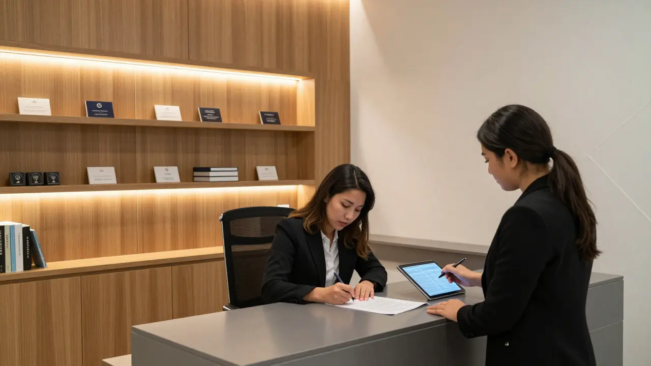 A professional escort agency office in Abu Dhabi with client signing a contract, ID verification on tablet.