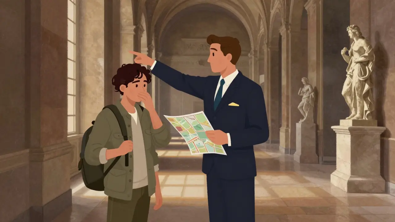 A professional escort guiding a visitor through the quiet halls of the Louvre, pointing out a hidden artwork.