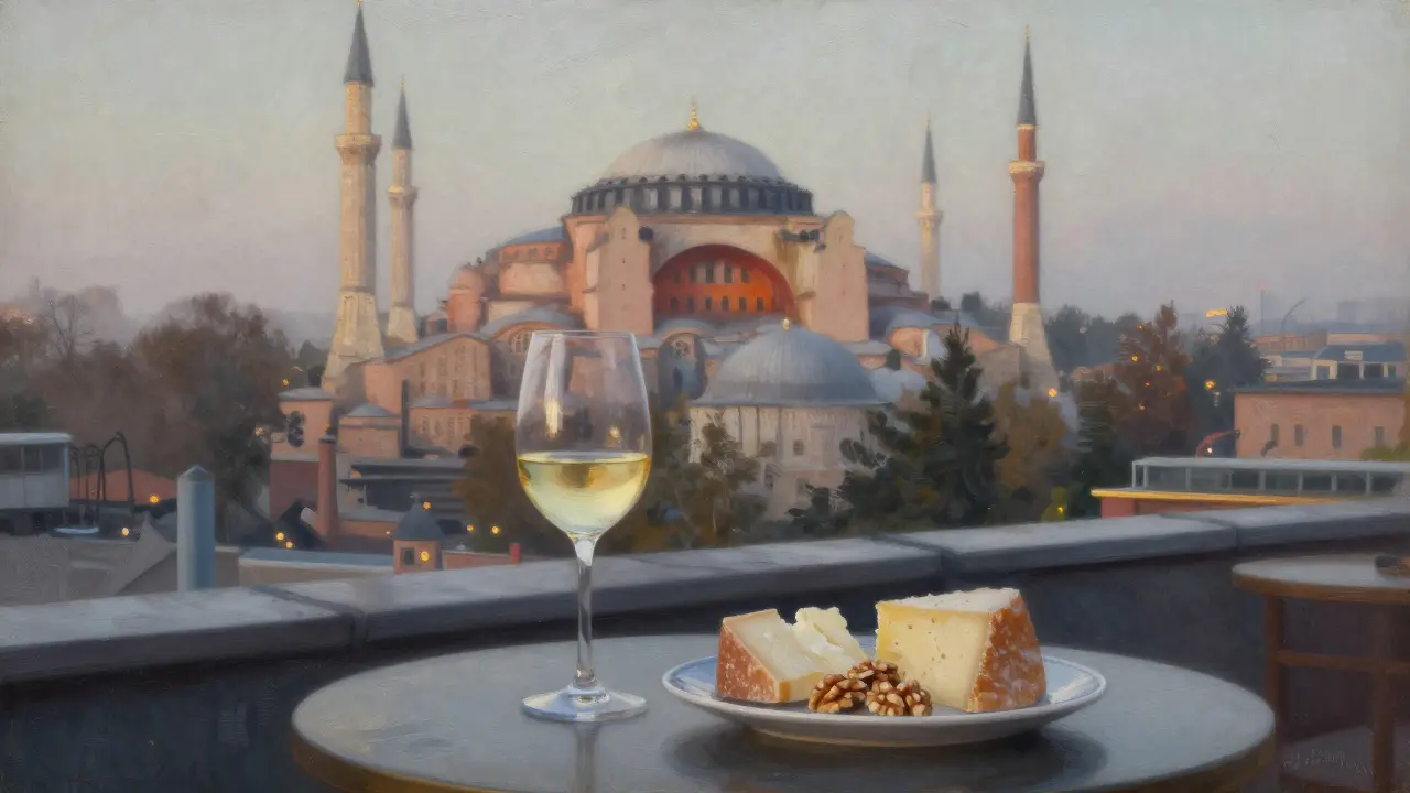 A quiet rooftop at dawn with a glass of wine and the Hagia Sophia glowing softly in the mist.