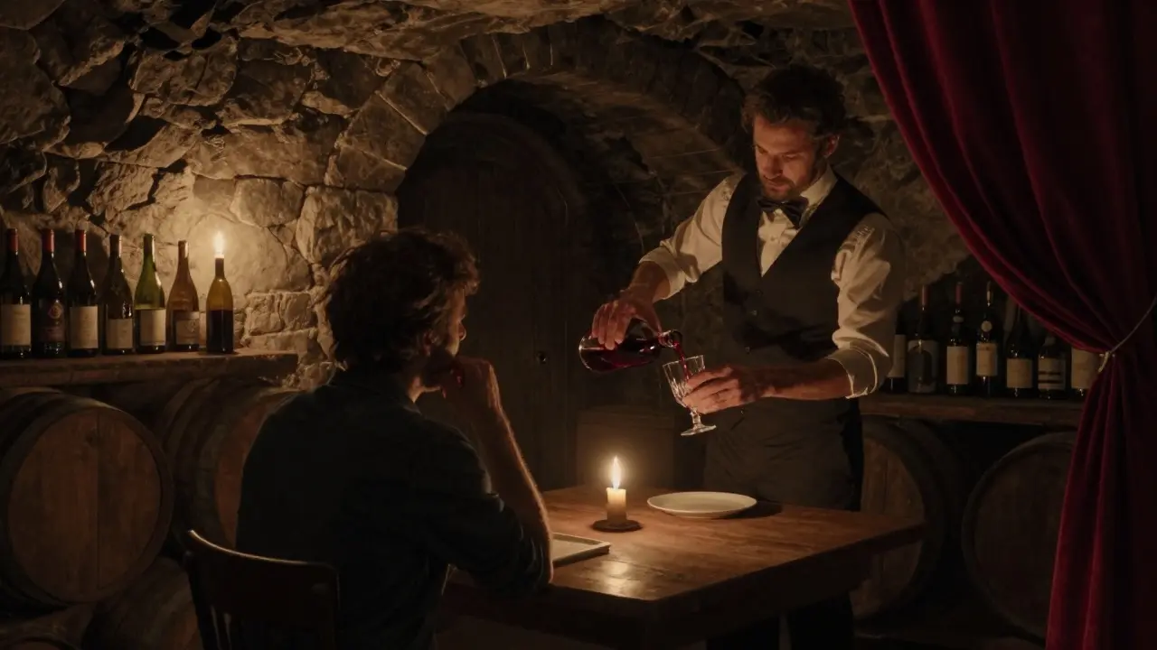 A quiet underground wine cellar with candlelight, a bartender pouring vintage wine for a single guest.