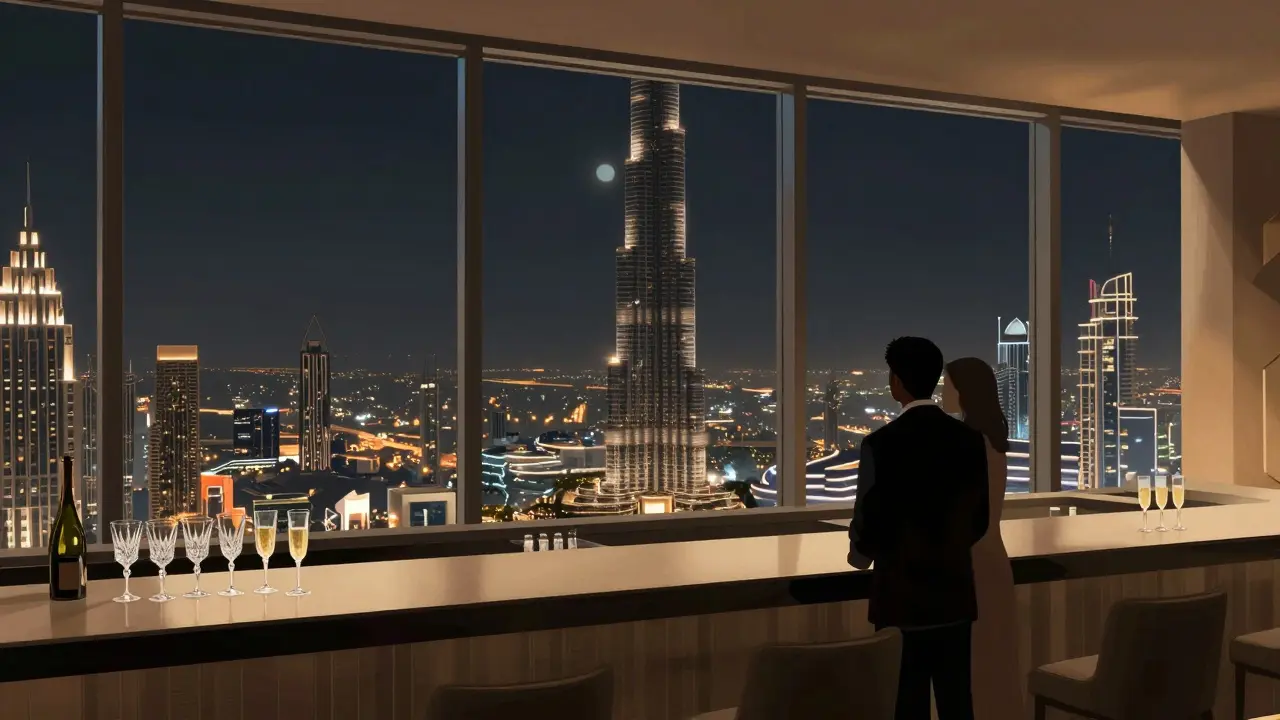 A refined lounge high above Dubai on Burj Khalifa's 122nd floor, city lights stretching endlessly below.