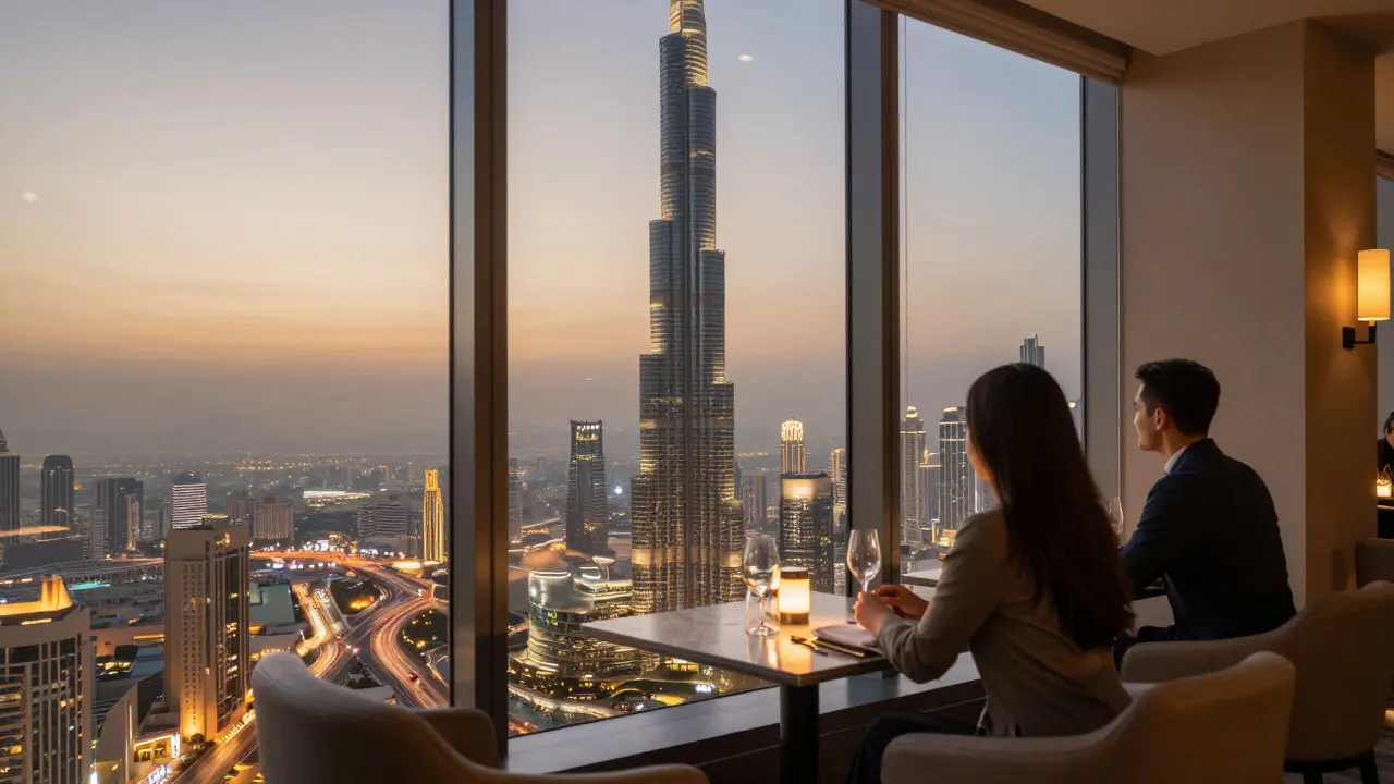 A romantic couple at a rooftop table overlooking Dubai’s illuminated skyline at twilight.