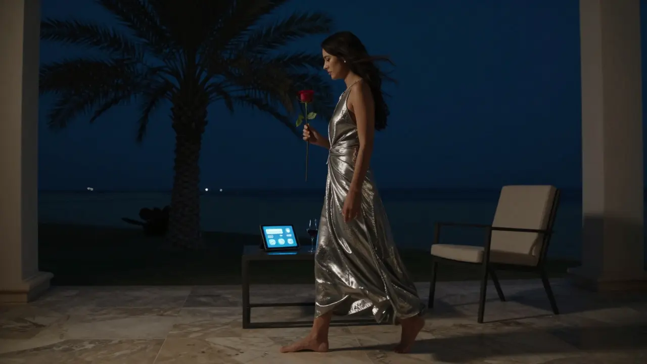 A secluded Palm Jumeirah villa terrace at midnight with a woman holding a rose in quiet mystery.