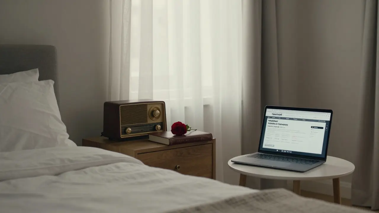 A serene apartment interior with a verified escort directory on a laptop and a rose on the nightstand.