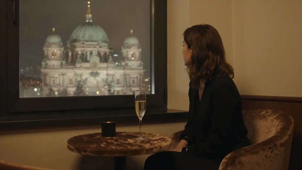 A solitary figure in a dim lounge gazing at distant city lights through a fogged window.