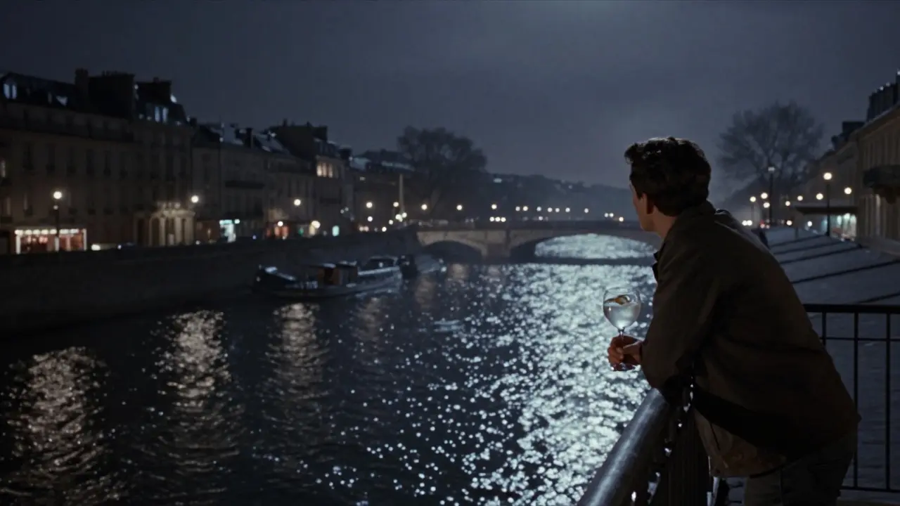 A solitary figure on a rooftop overlooking the Canal Saint-Martin at midnight, city lights reflecting on water.