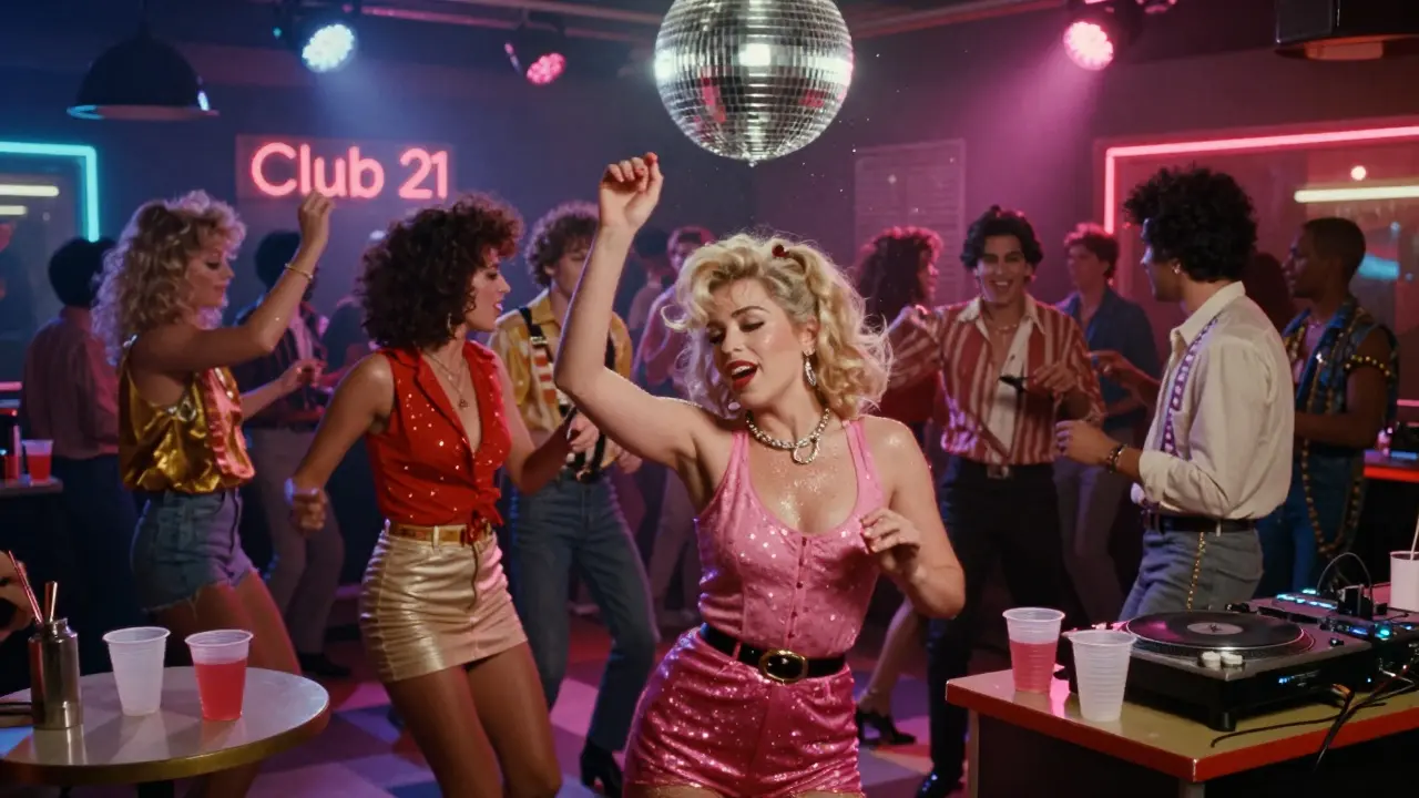 A vibrant 1980s disco club with neon lights, mirrored ball, and energetic dancers in vintage attire.