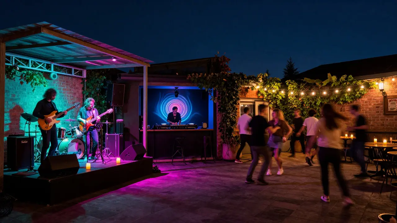 A vibrant cultural venue with live music, dancing, and glowing rooftop terraces at night.