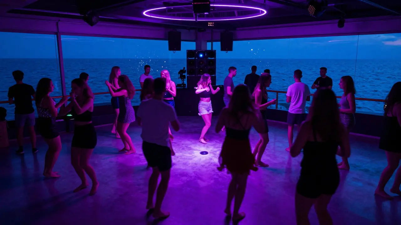 A vibrant nighttime dance floor at Opium nightclub with shifting neon lights and people dancing by the sea.