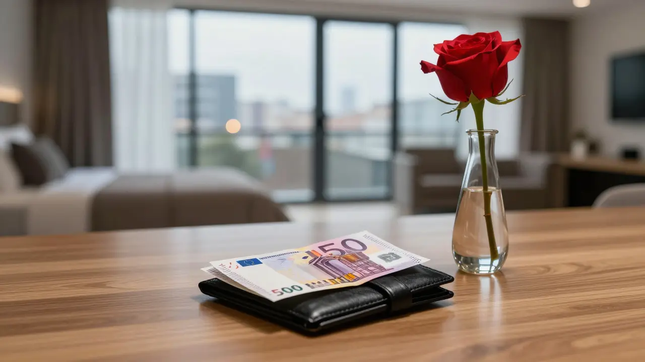 A wallet and rose rest on a wooden table, symbolizing discretion and professionalism in Milan.