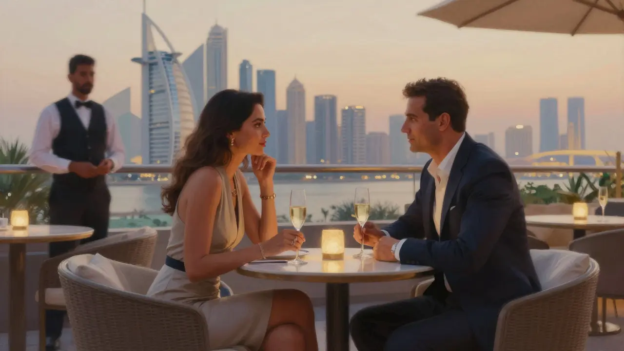 A woman and man sharing a quiet moment on a rooftop lounge overlooking Dubai's skyline.