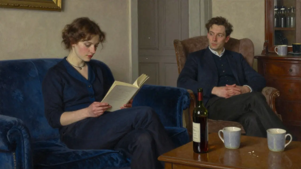 A woman reading on a velvet sofa in a softly lit Paris apartment, a man listening intently across the room.