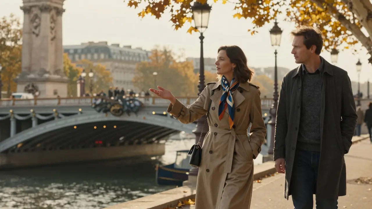 A woman shows a man a hidden jazz bar beneath a Paris bridge at golden hour, no crowds around.
