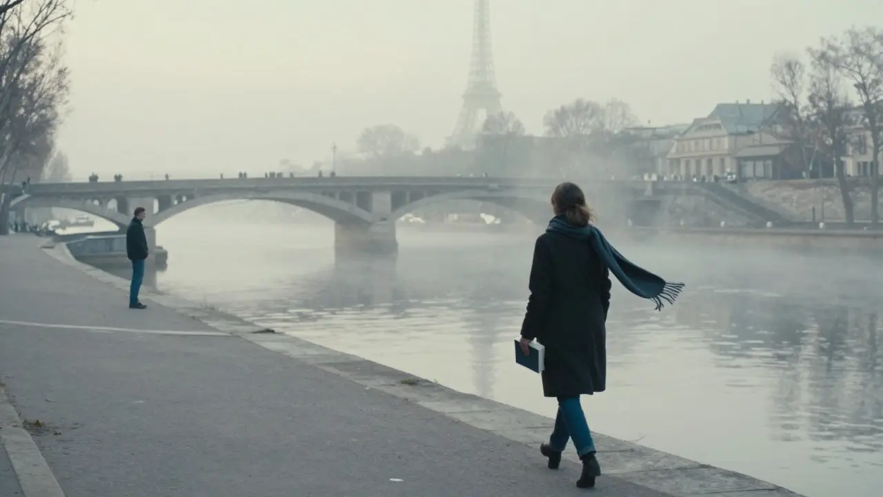 A woman walking alone by the Seine at dawn, a distant figure on a bridge, fog and mist softening the scene.