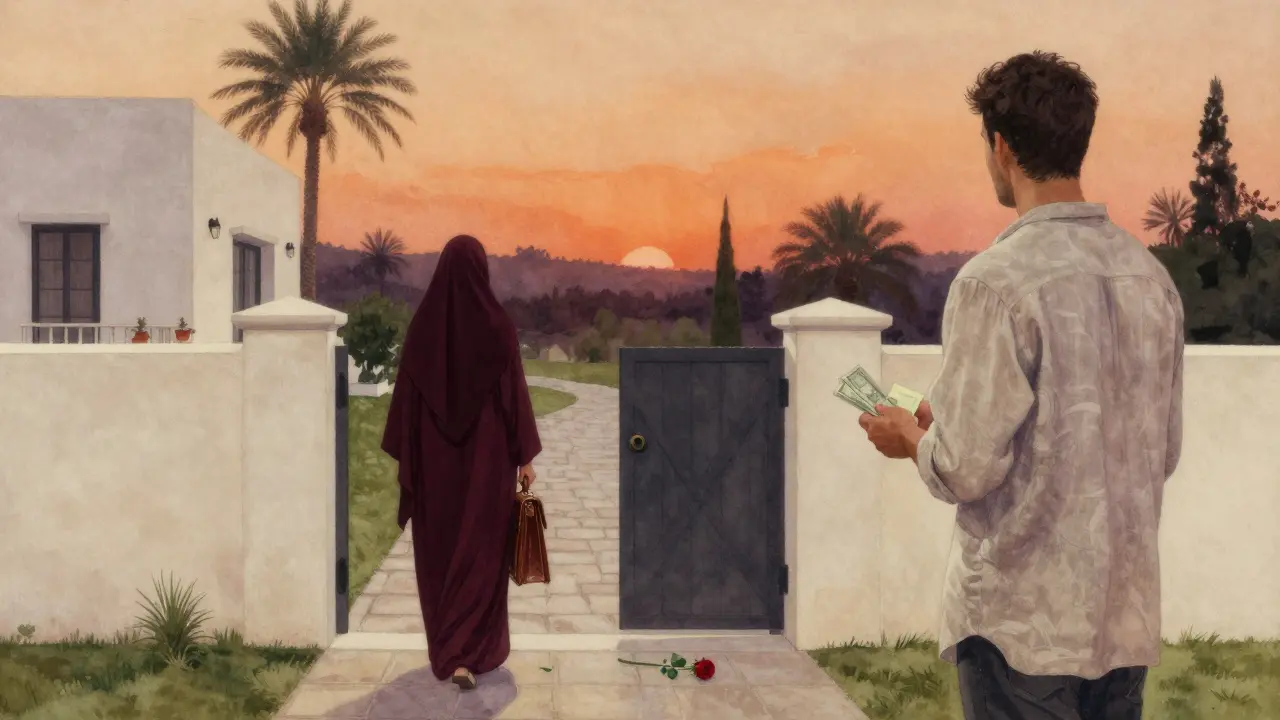 A woman walking away from a private villa at dusk, holding a briefcase, cash left on a stone path.