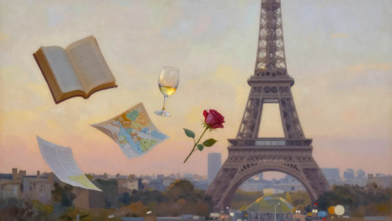 Abstract floating elements—wine glass, book, rose—drift through golden Paris light, symbolizing refined companionship.