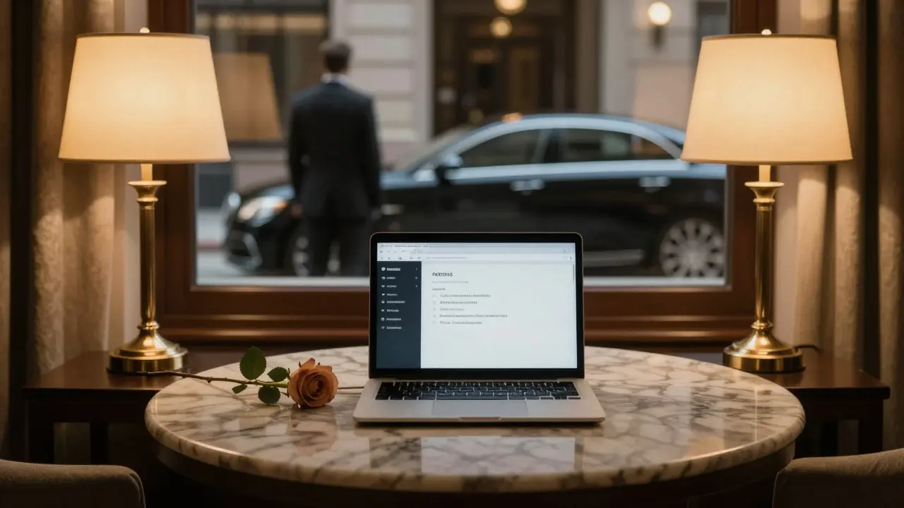 An anonymized profile and a single rose on a marble table in a luxurious hotel library.