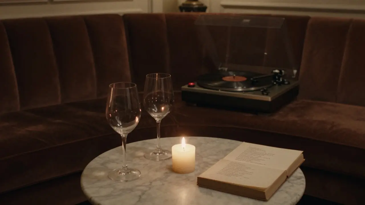 An empty intimate lounge in Paris with candlelight and a jazz record playing.