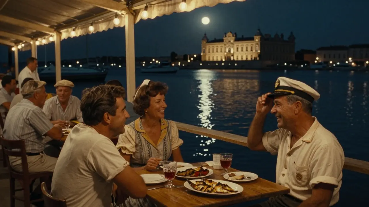 Authentic seaside bar at night with locals enjoying sardines and pastis under string lights beside the harbor.