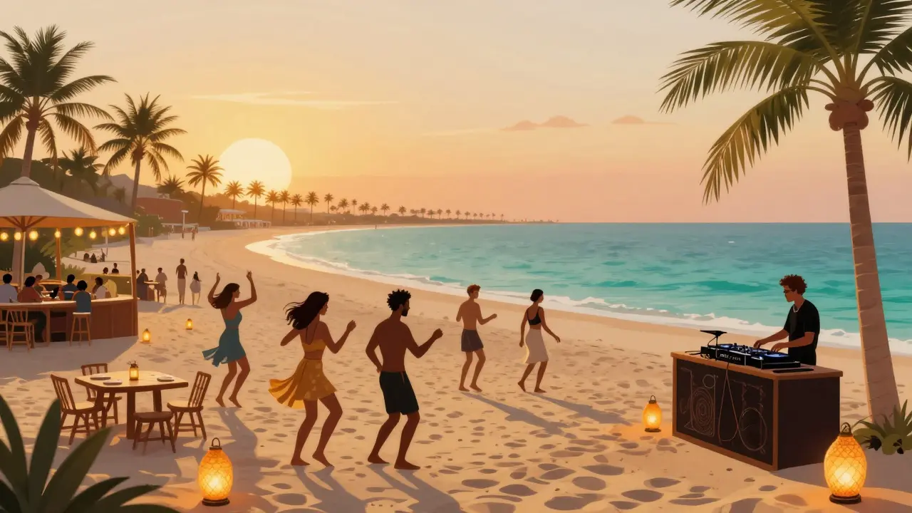 Beach club at sunset with guests dancing on sand under lanterns and ocean waves.