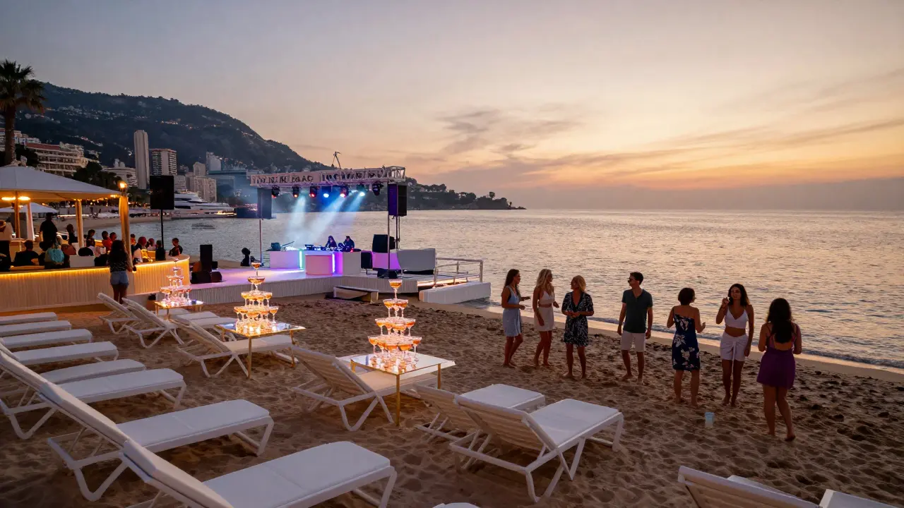 Beach club party at sunset with white loungers, floating DJ, and champagne towers by the Mediterranean.