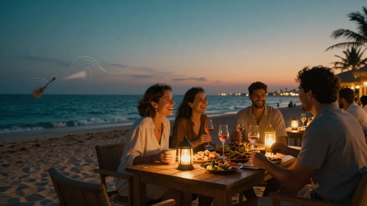 Beachside lounge at Al Raha Beach with lantern-lit tables, guests sharing food and wine as waves roll nearby.