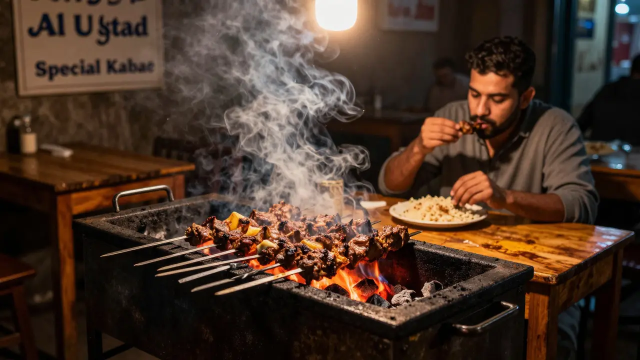Charcoal grill at Al Ustad Special Kabab with flaming lamb kebabs and steam rising at midnight.