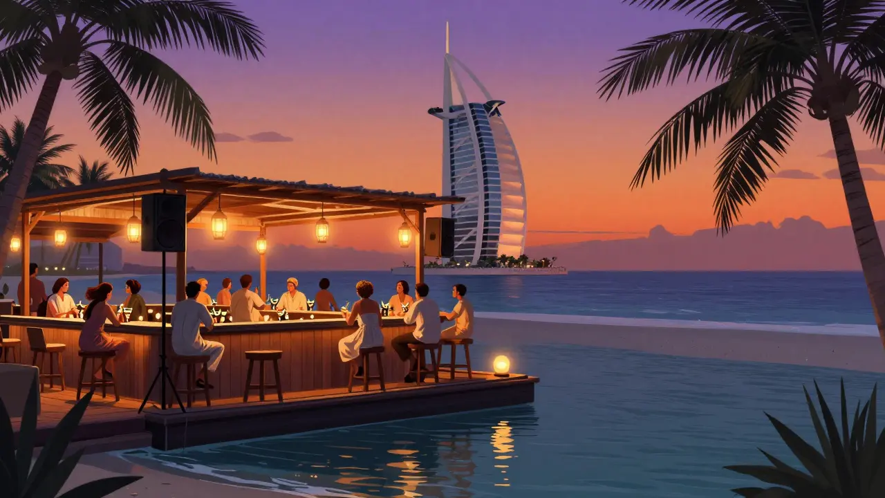 Cielo Beach at dusk with a floating bar, cabanas, and ocean views under a violet-orange sky.