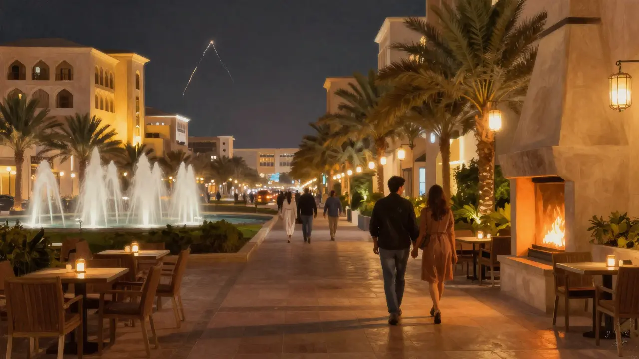 Couples stroll along a beautifully lit boulevard with dancing fountains and warm ambient lighting.
