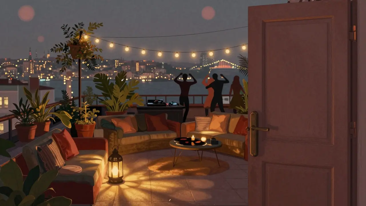 Cozy rooftop garden at Kule with lanterns, couches, and a DJ spinning music above Istanbul’s glowing skyline.