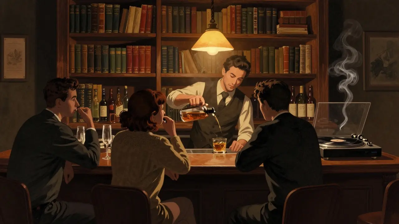 Cozy speakeasy bar with wooden shelves, bartender pouring whiskey under warm lamplight.