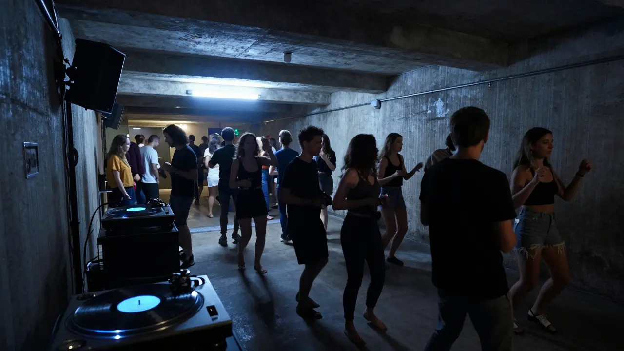 Crowd dances in a concrete warehouse club lit only by glowing vinyl records.