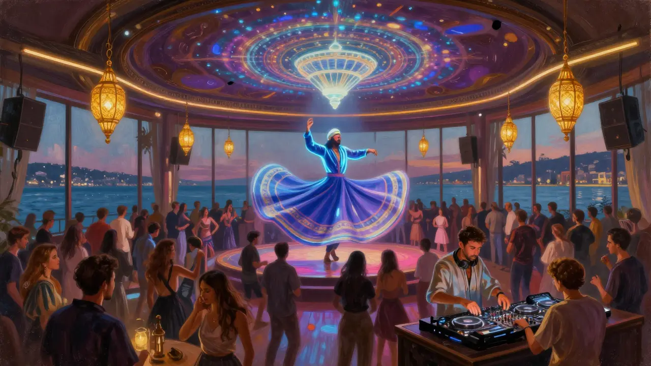 Dance floor at Klub 19 where Sufi whirling projections blend with electronic music and diverse crowds.
